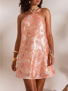 Travachic Spring/Summer Vacation Beaded Halter Mini Dress For Women - Multicolor - View 1