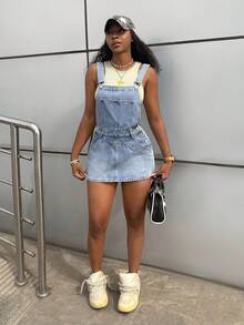 StreetHx 女士无弹力牛仔吊带迷你裙 - 藍色 - 查看 5