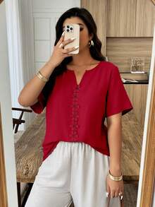 Weeklong Plus Size Women's Spring/Summer Vacation Floral Patchwork Ruffle Trim Loose Short Sleeve Top - Red - View 6