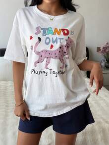 Livesso 字母和动物涂鸦印花T恤和短裤女士睡衣套装 - 白色 - 查看 7