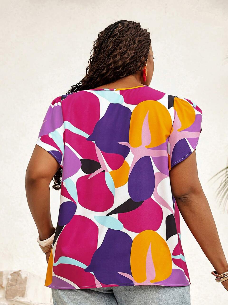 Plus Size Women's Navy Blue Petal Sleeve Blouse,Boho Summer Vacation Holiday Tops,Early Spring Country Style Festival