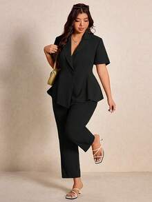 SHEIN Elaquor Bộ đồ thể thao cỡ lớn, màu trơn, tay ngắn và quần, kiểu dáng thường ngày, gồm 2 món. - màu đen - Xem 5