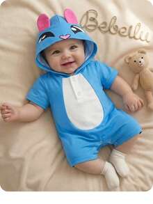 SHEIN Áo liền quần có mũ trùm đầu bằng len màu xanh dương, họa tiết hoạt hình dễ thương mùa hè cho bé trai/bé gái, tai 3D. - Màu xanh lam - Xem 1