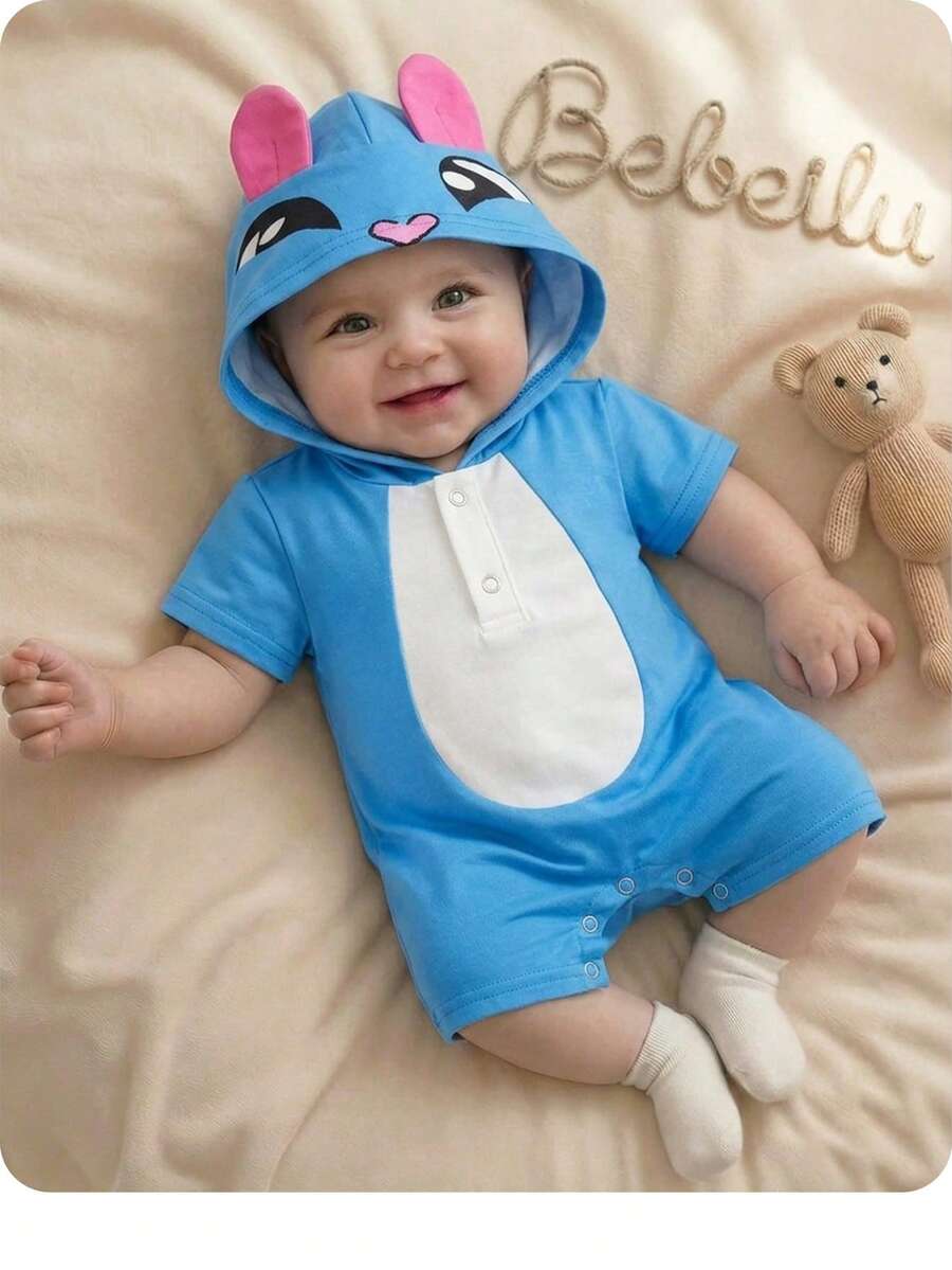 SHEIN Áo liền quần có mũ trùm đầu bằng len màu xanh dương, họa tiết hoạt hình dễ thương mùa hè cho bé trai/bé gái, tai 3D. - Màu xanh lam - Xem 1