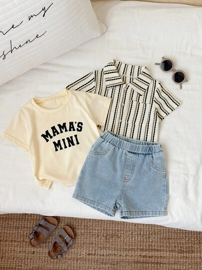SHEIN Bộ 3 món gồm áo lót, áo sơ mi kaki kẻ sọc mùa hè cho bé trai, áo phông in chữ và quần short denim xanh, bộ đồ đi nghỉ mát, bộ đồ kẻ sọc, bộ đồ cho bé trai.