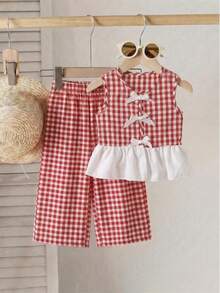 SHEIN Playful Pals 2件套女婴幼儿/新生儿0-3岁春夏休闲甜美日常度假条纹梭织无袖上衣和阔腿裤两件套 - 紅色 - 查看 3