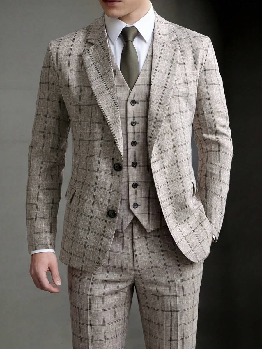 Manfinity Mode Chaqueta de traje y pantalones con botones delanteros y estampado de cuadros, conjunto de traje de mañana - Caqui - Ver 1