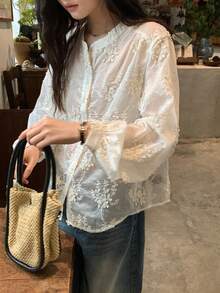 DAZY 女士蕾丝长袖衬衫，优雅风格，适合春夏穿着 - 杏色 - 查看 7