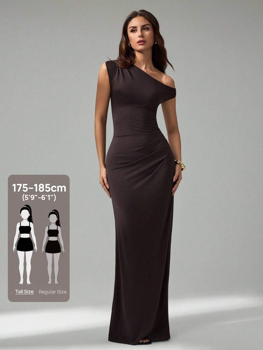 SHEIN Tall 女式纯色不对称领口修身优雅连衣裙 - 巧克力棕 - 查看 1