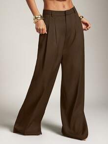 SHEIN Haute Pantalones sueltos plisados de estilo casual y sólido para oficina en verano - Marrón Mocha - Ver 2