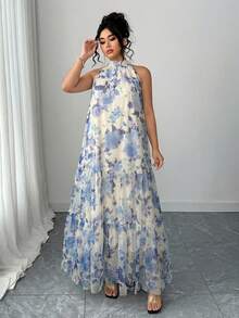 Elenzga Plus Size Dam Elegant Vävd Ärmlös Dubbelskiktad Blommig Meshklänning - Blå - Visa 6