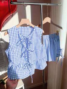 Comfortcana Conjunto de 2 piezas de camiseta de tirantes y pantalones cortos a cuadros azules para mujer, para el Día de San Valentín - Azul - Ver 4