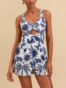 Travachic Women's Summer Beach Vacation Tropical Print Twist Front Hollow Out Camisole Romper - Multicolor - View 5
