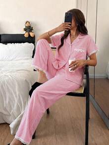 SHEIN Bubbelkrympt randig pyjamas med volang framtill för kvinnor - Rosa - Visa 4