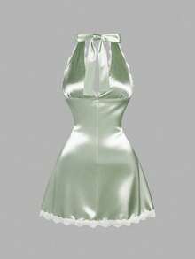 Sweetra Gaun Seksi Berpotongan V Dalam dengan Renda Satin, Gaun Mini A-Line Tanpa Punggung, Serbaguna & Melangsingkan untuk Perjalanan & Liburan - Lime Green - View 2