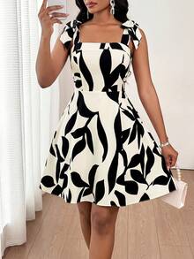 SHEIN Lady Đầm ngắn dự tiệc thường ngày in họa tiết lá dành cho nữ - Nhiều màu - Xem 3