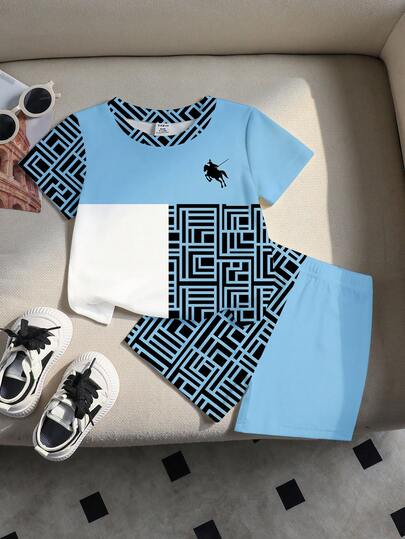 Playful Pals 男童蓝色格子拼接圆领短袖T恤和棕色休闲短裤套装，适合夏季、居家、户外、运动、上学穿着