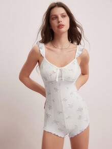 Elorette Tuta da donna casual con decorazione al collo a fiori ditsy e laccio - Bianco - Visualizzare 4