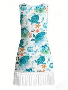 Swim Lushoire 女士夏季沙滩多色随机印花圆领无袖拼接流苏下摆罩衫 - 彩色 - 查看 7