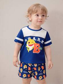 BABY SHARK X SHEIN 男婴字母卡通印花圆领短袖T恤和短裤休闲日常套装 - 彩色 - 查看 5