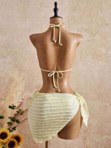 Bellisia Women's Starfish Decor Halter Bikini Set With Cover-Up Skirt,3-Piece Textured Swimwear For Summer Beach Vacation Holiday,Boho Tropical - Yellow - View 2