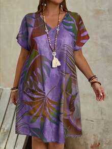 EMERY ROSE Plus Size Women's Purple Summer Boho Beach Holiday Dress,V-Neck Loose Printed Kaftans With Double Pocket,Fashionable Bohemian Spring Vacation Outfits - Purple - View 5