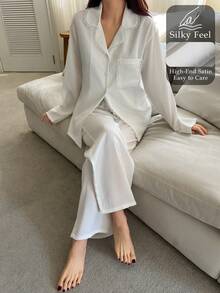 DAZY Bộ đồ ngủ nữ dáng rộng, thanh lịch, chất liệu satin jacquard kẻ sọc và ren phối hợp, thích hợp cho kỳ nghỉ hè. - trắng - Xem 3