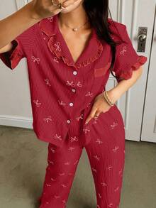 Napfluff Blue Striped Bow Print Patchwork Contrast Color Lapel Short Sleeve Pajama Set For Women - Red - View 3