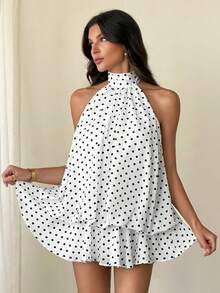 SHEIN Tall Women's Elegant Polka Dot Print Halter Backless Mini Dress,Summer Dresses For Women - Multicolor - View 3