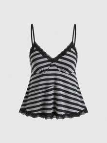ROMWE Fairycore Plus Size Women Striped Lace Patchwork Camisole, Fashionable For Vacation & Date - Light Grey - View 1