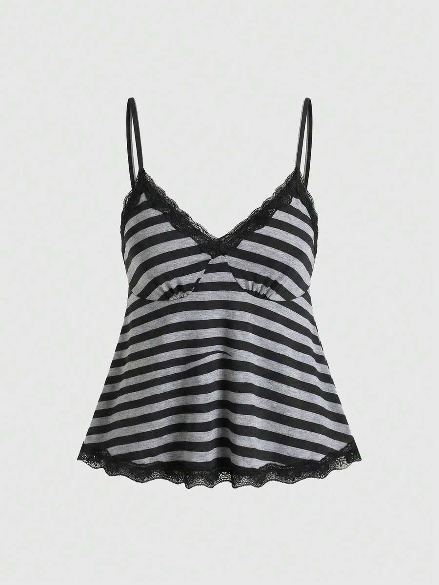 ROMWE Fairycore Plus Size Women Striped Lace Patchwork Camisole, Fashionable For Vacation & Date - Light Grey - View 1