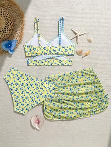 SHEIN Teen Girl Plaid & Ditsy Floral Bikini Set,Crisscross Bralette Top,Triangle Bottoms & Mesh Sarong Skirt,Padded Modest Swimwear,Summer,Beach,Holiday - Multicolor - View 2