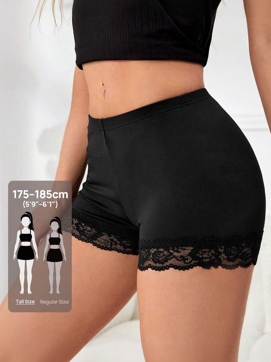 SHEIN Tall 拼接蕾絲邊騎行褲 - 黑色 - 查看 1