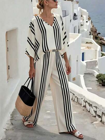 SHEIN Holidaya New Spring/Summer Style, Sophisticated French V-Neck Striped Women's Shirt Paired With Elastic Waistband Casual Trousers. Women's Spring/Summer Shirts, Women's Vacation Wide-Leg Trousers, Short-Sleeved Tops, Spring Clothing, Summer Outfits, Women's Striped Two-Piece Sets, Women's Spring/Summer Suits, Vacation Outfits, Vacation, Outings, Y2K, Spring, Summer, Back-To-School Season, Casual, Beach, Business, Sexy, Women's Striped Suits, Striped Two-Piece Sets.Work Tops For Women,Graduation Season Attire, Fashionable Casual Commuter Wear, Business Office Wear, Versatile And Stylish Everyday Casual Wear, Urban Teacher's Professional Attire,Sports,Luxury,Formal,Work Outfits For Women,Country Concert Outfit