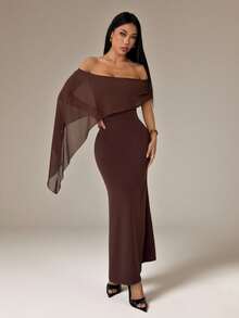 SHEIN PETITE Đầm suông màu nâu trơn thanh lịch, trễ vai, dáng ôm, thích hợp cho tiệc sinh nhật, tiệc chiêu đãi, các sự kiện tụ họp, mặc nhiều lớp vào mùa thu/đông, Halloween, Giáng sinh, đầm sang trọng. - màu nâu - Xem 5