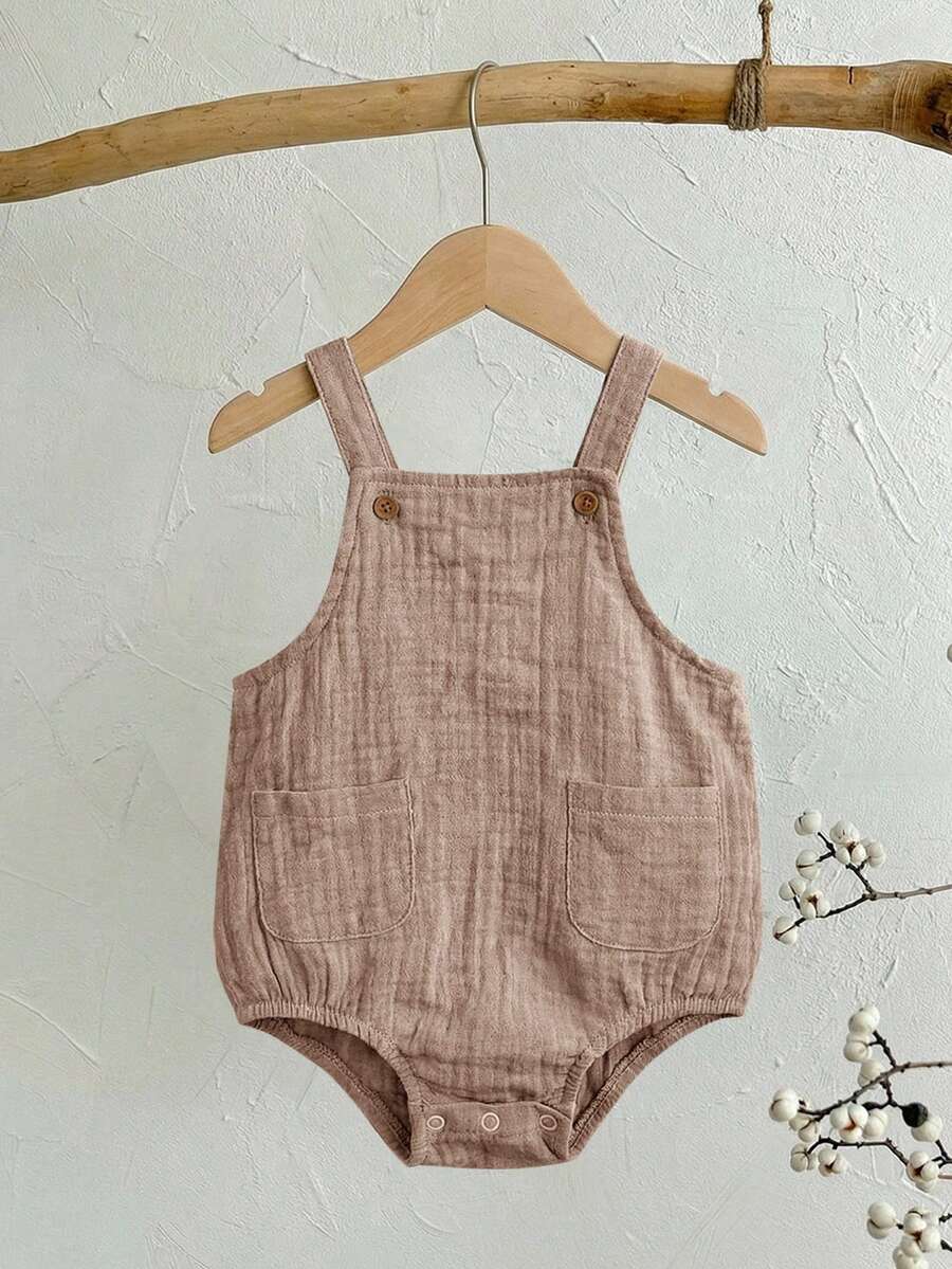 SHEIN 男女宝宝通用款休闲可爱卡其色纹理背带短裤连体衣,易穿脱婴儿连体衣,Bloom 连体衣,春夏款 - 卡其色 - 查看 1