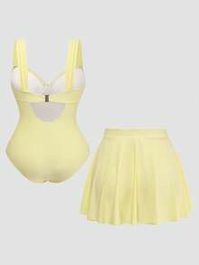 Sweetra Bộ đồ bơi liền thân cơ bản, ngọt ngào, màu trơn, có bèo nhún dành cho nữ năm 2026, kèm áo khoác ngoài và váy, lựa chọn thời trang cho kỳ nghỉ, cỡ lớn. - Màu vàng - Xem 2