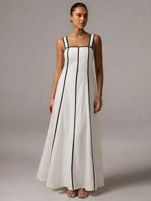 Avenya Women's Solid Color Square Neck Loose Maxi Dress, Featuring Contrast Color Blocking Design, Suitable For Daily Vacation, Date, Commute Black And White - White - View 4