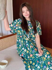 Dazy Plus 大尺碼女孩夏季花卉印花寬鬆圓領長款休閒睡袍睡衣 - 墨綠色 - 查看 5