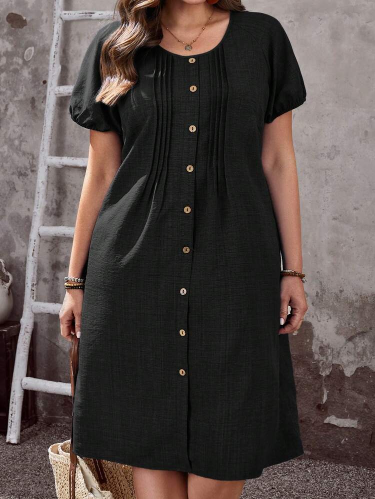 Plus Size Women's Summer Casual Vacation Country   Solid Color Round Neck Casual Party & Travel Black Dress,Plus Size Women's Summer Casual Vacation Country Solid Color Black Round Neck Short Puff Sleeve Single-Breasted Pleated Design Casual Dress\Summer\Vacation,Summer Holiday,Spring Break Outfits ,Vacation Outfits Women ,Holiday Outfits For Women,Going Out Outfits,2026 New Clothes,Simple And Fashionable For Everyday Wear,Suitable For Summer, Vacation, Daily Wear,Casual Dresses For Women,Flowy Dress ,Black Midi Dress ,Beach Outfits For Women,Vacation, Daily Wear, Festival Outfits For Women,Country Concert Outfit,Beach Outfits For Women,Western Style