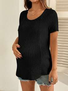 SHEIN Maternity Solid Color Pleated Casual Nursing Friendly Top, Versatile For Daily Wear - Black - View 5