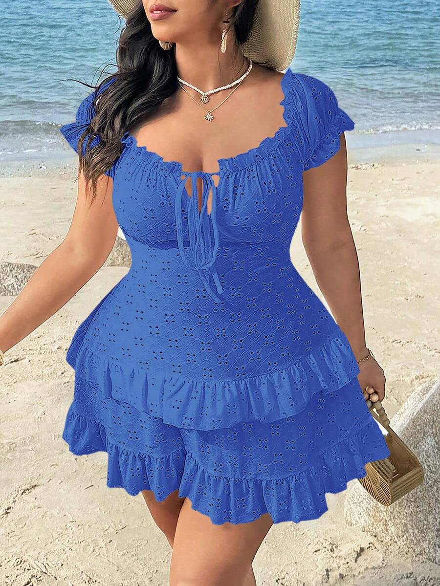 Vionelle Plus Size Women's Off Shoulder Solid Color Casual Fitted Jacquard Hollow Hem Ruffle Hem Mini Dress, Vacation & Beach Wear - Navy Blue - View 1