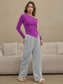HautHeat Women's Solid Color Asymmetrical Collar Long Sleeve Fitted Top And Striped Print Pants Pajama Set, Spring/Autumn - Purple - View 4