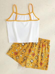 GARFIELD | SHEIN Tween Girls' Funny Cartoon Print Ringer Cami Top & Shorts Pajama Set, Summer - Yellow - View 2