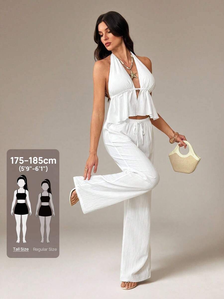 SHEIN Tall 两件套服装，包括系带露背吊带背心和阔腿抽绳裤，适合夜店、度假、海滩、锐舞派对、夏威夷海岛度假等场合。 - 白色 - 查看 1