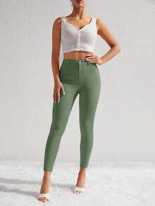 Pantalones ajustados recortados de cintura alta en unicolor para mujer - Verde militar - Ver 3
