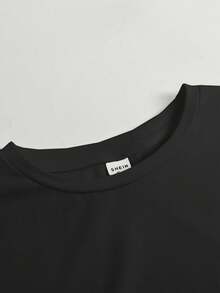 SHEIN Teen Girl/Teen Girls' Ribbed Crew Neck Short Sleeve Cropped Casual T-Shirt - Black - View 3