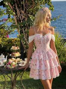 SHEIN MOD Pink Floral Floral Print Tiered Ruffle Dress With Lace Trim And Bow Accent – Coquette Vintage-Inspired Sleeveless Summer Dress For Women, Date Tea Party, Party, Picnic, Festival, Birthday Outfit Beach Dresses Wedding Guest Dress For Women Wedding Party Dress Graduation Dress Vacation Outfits Women Holiday Dresses Country Concert Outfit Bridal Shower Outfit For Bride High Tea Outfits Elegant Birthday Dresses For Ladies Special Occasion,Summer Dresses For Women - Pink - View 4