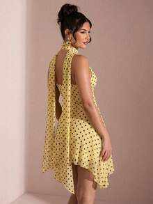 SHEIN BAE Vestido mini sexy con tirantes de espagueti, volantes asimétricos y estampado de lunares, adecuado para vacaciones y citas - Amarillo - Ver 2