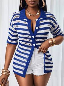 BamGleam Áo khoác cardigan dệt kim dáng casual kẻ sọc rỗng mới dành cho nữ - Xanh và trắng - Xem 5